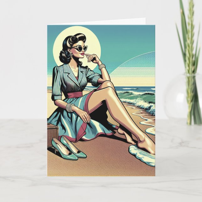 1950's Retro Woman Kicking Her Shoes off at Beach Card (Front)