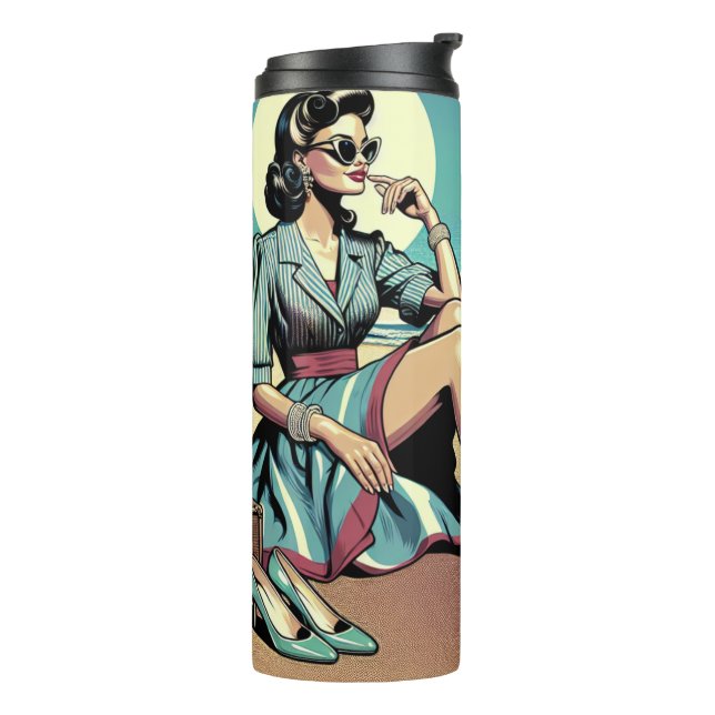1950's Retro Woman Sitting on the Beach Thermal Tumbler (Rotated Left)