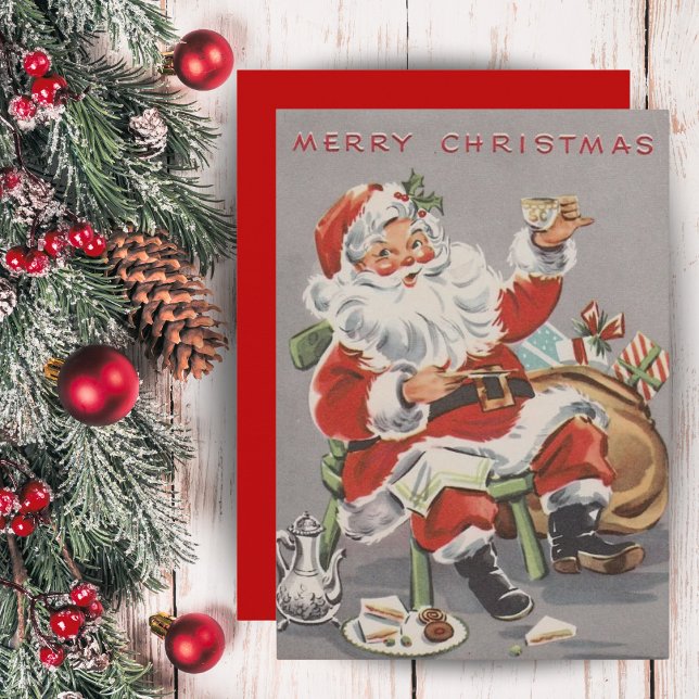1950s Santa with Tea and Cookies Custom Christmas Holiday Card (1950s Santa with Tea and Cookies Custom Christmas Holiday Card. Add a special message and your name!)