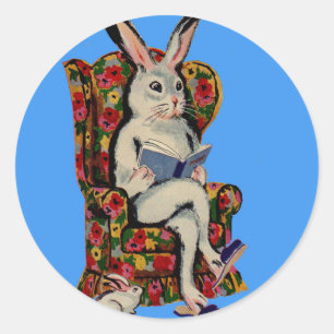 1950s seated big bunny reads story to baby bunny classic round sticker