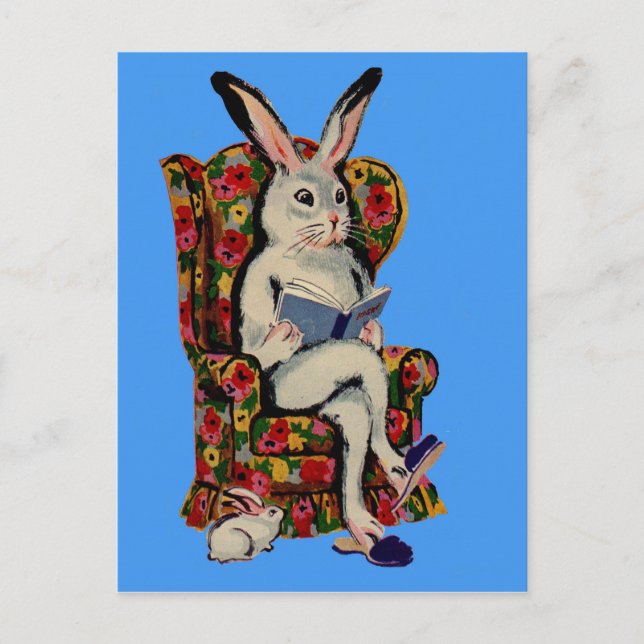 1950s seated big bunny reads story to baby bunny postcard (Front)