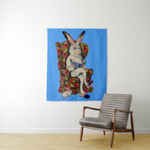 1950s seated big bunny reads story to baby bunny tapestry