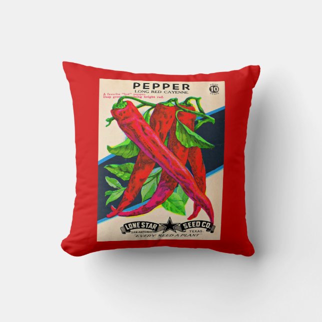 1950s seed packet cayenne pepper print cushion (Front)