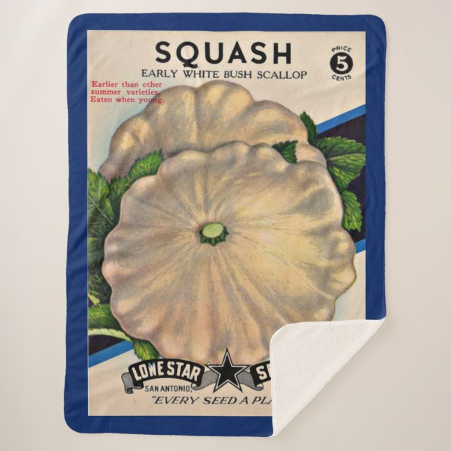 1950s seed packet white squash print sherpa blanket (Front)