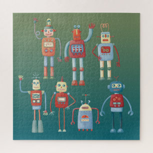 1950s Style Cute Retro Fun Robots Jigsaw Puzzle
