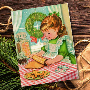 1950'S Vintage Christmas Girl Baking Cookies Holiday Postcard