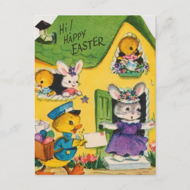 1950s Vintage Happy Easter Animals Holiday Postcard (Front)
