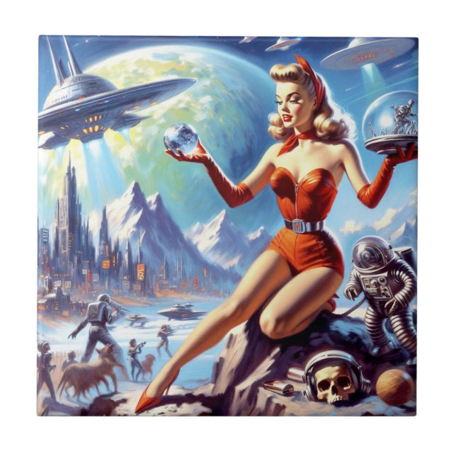 1950s Vintage Science Fiction Woman Tile (Front)
