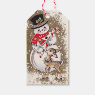 1950s Vintage Snowman With Baby Deer Gift Tags