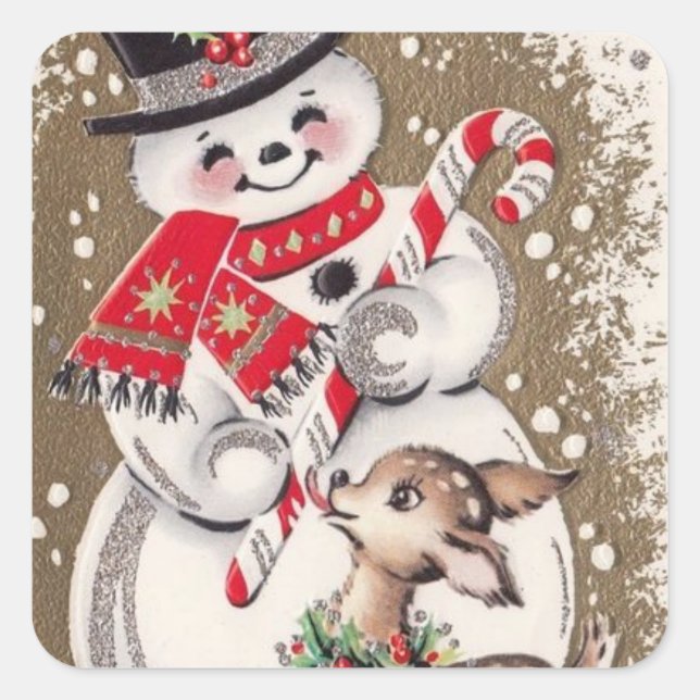 1950s Vintage Snowman With Baby Deer Square Sticker (Front)