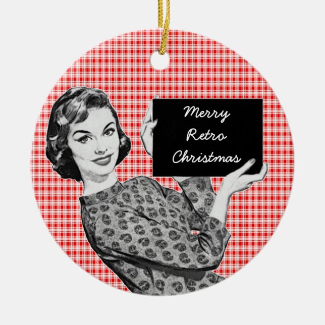 1950s Woman with a Christmas Sign V2 Ceramic Tree Decoration (Front)