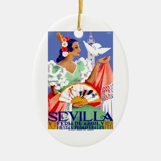 1952 Seville Spain April Fair Poster Ceramic Tree Decoration (Front)