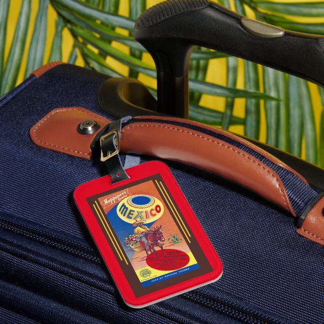 1952 TRAVEL BROCHURE 'MEXICO' COOL KITSCH LUGGAGE TAG (Front Insitu 1)