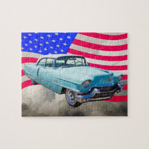 1956 Sedan Deville Cadillac And American Flag Jigsaw Puzzle