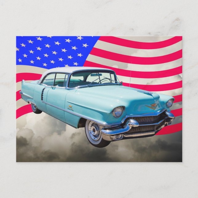 1956 Sedan Deville Cadillac And American Flag Postcard (Front)