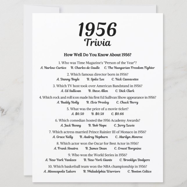 1956 Trivia Game | 69th Birthday Party Game (Front)