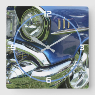 1957 Blue Chevy Custom Car, White Numbers Square Wall Clock