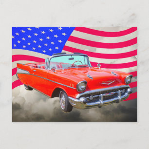 1957 Chevrolet Bel Air And US Flag Postcard