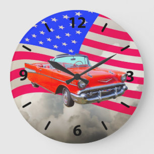 1957 Chevrolet Bel Air Classic Car And US Flag Large Clock