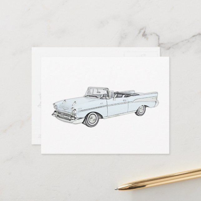 1957 Chevy Bel Air Convertible Baby Blue and White Postcard (Front/Back In Situ)
