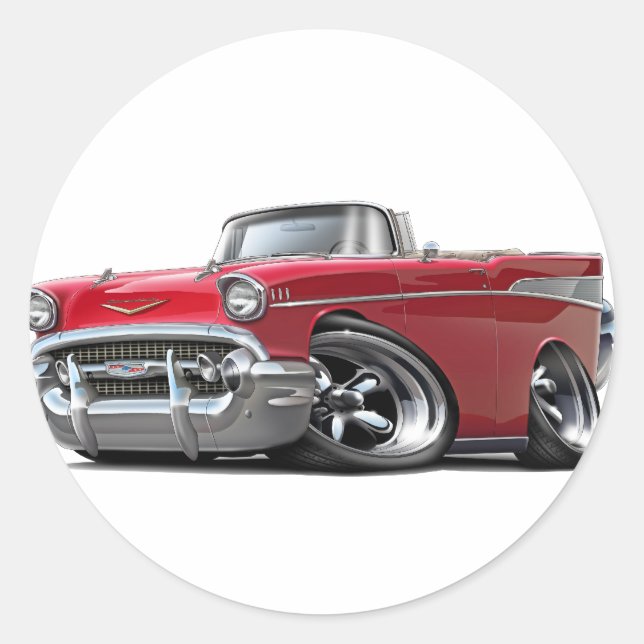 1957 Chevy Belair Red Convertible Hot Rod Classic Round Sticker (Front)