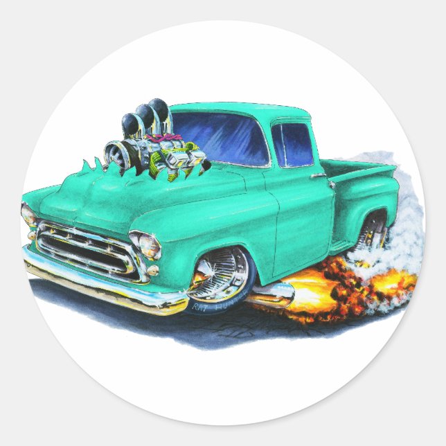 1957 Chevy Pickup Seafoam Green Classic Round Sticker (Front)