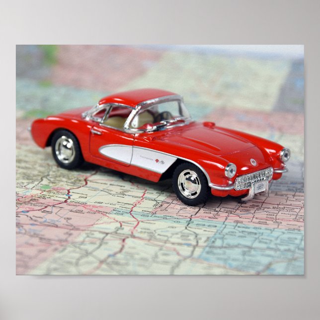 1957 retro Corvette on map Poster (Front)
