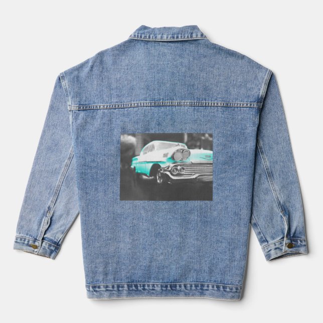 1958 chevy impala bright blue classic car denim jacket (Back)