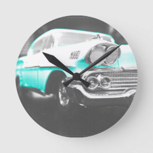 1958 chevy impala bright blue classic car round clock