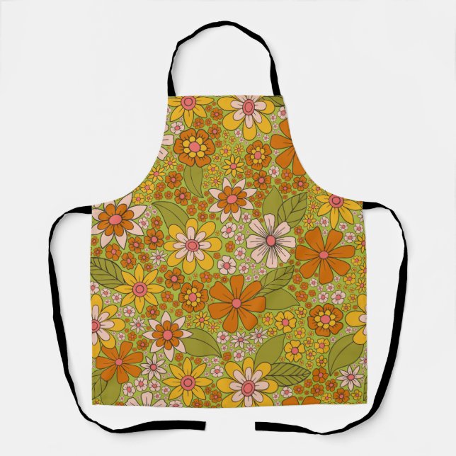 1960s, 1970s Green & Orange Retro Floral Apron (Front)