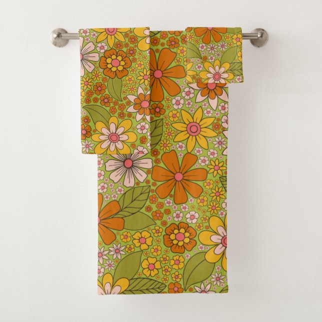 1960s, 1970s Green & Orange Retro Floral Bath Towel Set (Insitu)