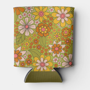 1960s, 1970s Green & Orange Retro Floral Can Cooler