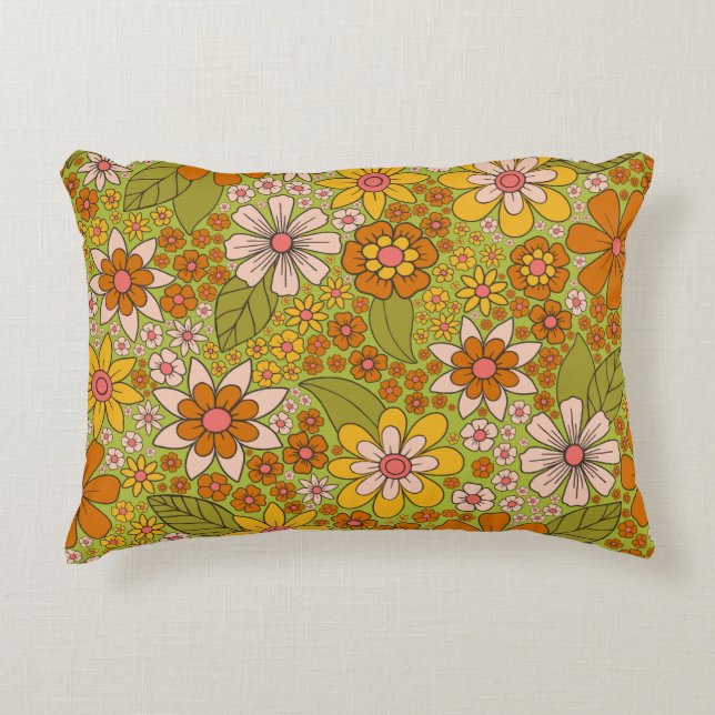 1960s, 1970s Green & Orange Retro Floral Decorative Cushion (Front)