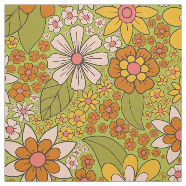1960s, 1970s Green & Orange Retro Floral Fabric (Swatch)
