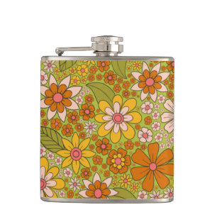 1960s, 1970s Green & Orange Retro Floral Hip Flask