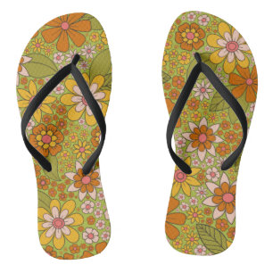 1960s, 1970s Green & Orange Retro Floral Jandals