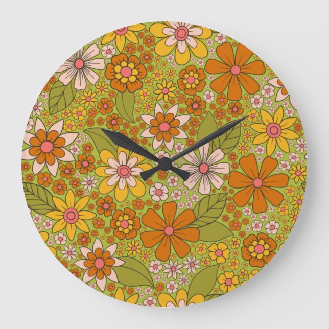 1960s, 1970s Green & Orange Retro Floral Large Clock (Front)
