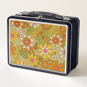 1960s, 1970s Green & Orange Retro Floral Metal Lunch Box