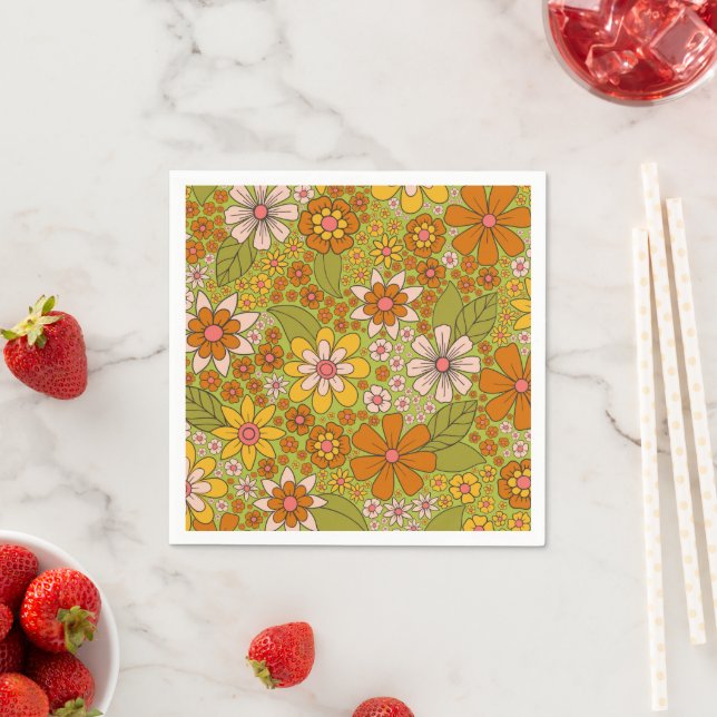 1960s, 1970s Green & Orange Retro Floral Napkin (Insitu)
