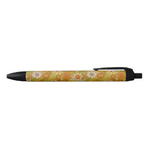 1960s, 1970s Retro Floral in Green, Pink & Orange Black Ink Pen