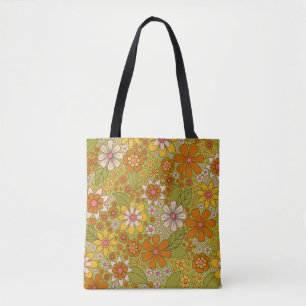 1960s, 1970s Retro Floral in Green, Pink & Orange Tote Bag