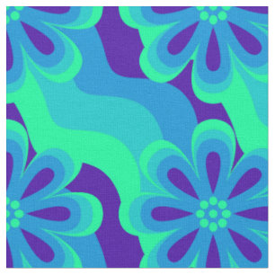 1960s 1970s Style Flowers & Waves Pattern Fabric