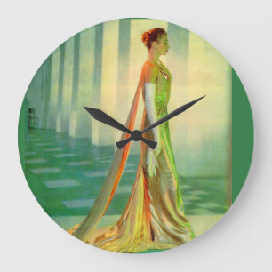 1960s beautiful lady in evening gown large clock
