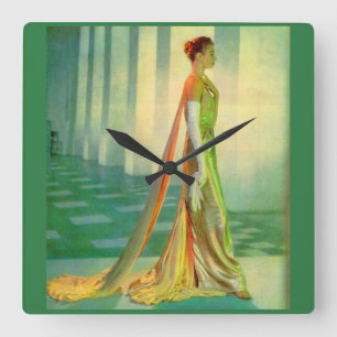1960s beautiful lady in evening gown square wall clock