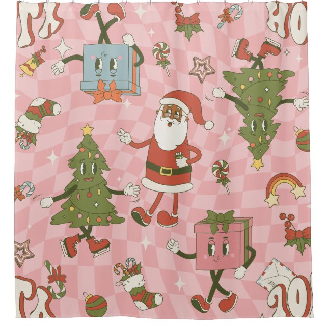1960s groovy black santa african christmas shower curtain (Front)