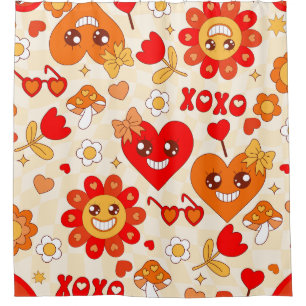 1960s groovy pop art valentines mushrooms shower curtain