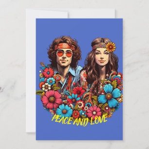 1960s Hippie Couple flower child Peace & Love art  Invitation