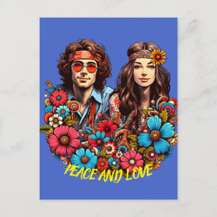 1960s Hippie Couple flower child Peace & Love art Postcard