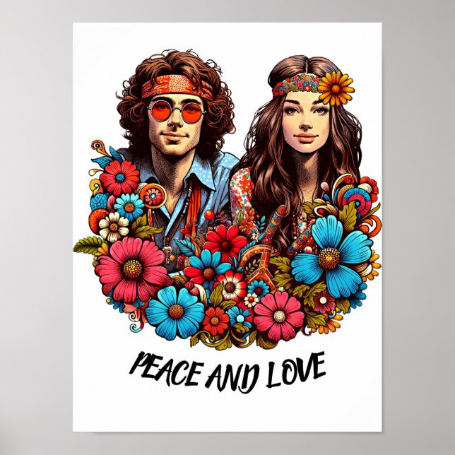 1960s Hippie Couple flower child Peace & Love art  Poster (Front)