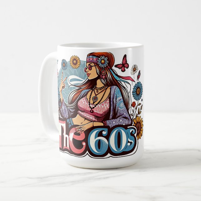 1960s Hippie girl chick peace sign fingers art Coffee Mug (Front Left)